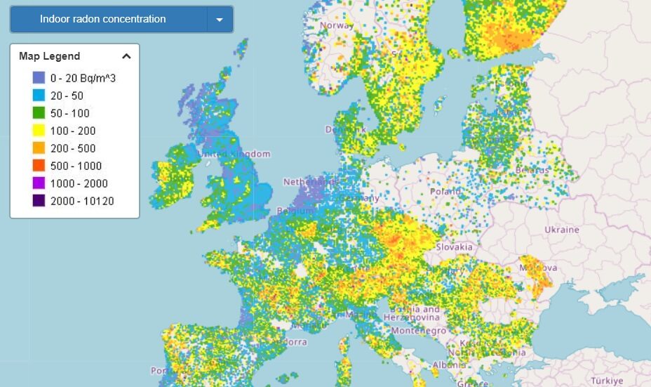 mapa stezenia radonu w europie